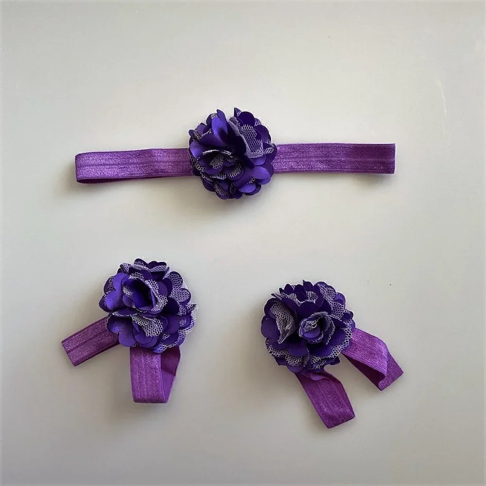 PURPLE LACE BABY GIRL FOOT FLOWER AND HEADBAND
